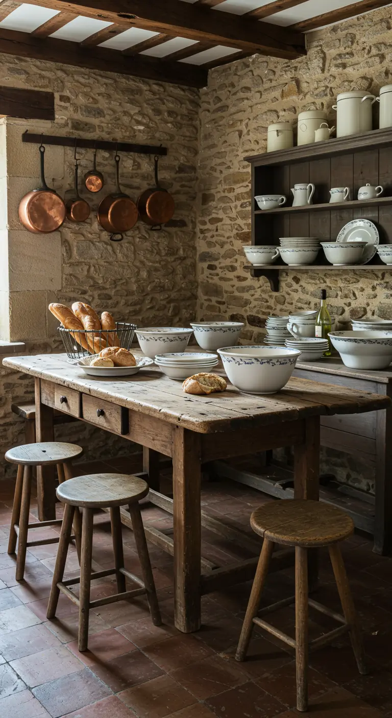 Rincón de comedor en una cocina rústica con pared de piedra, mesa de trabajo y sartenes de cobre colgando.