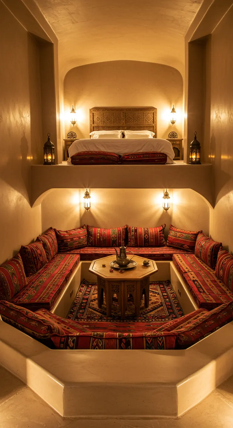 Habitación de dos niveles con una cama en la parte superior y una zona de asientos hundida.
