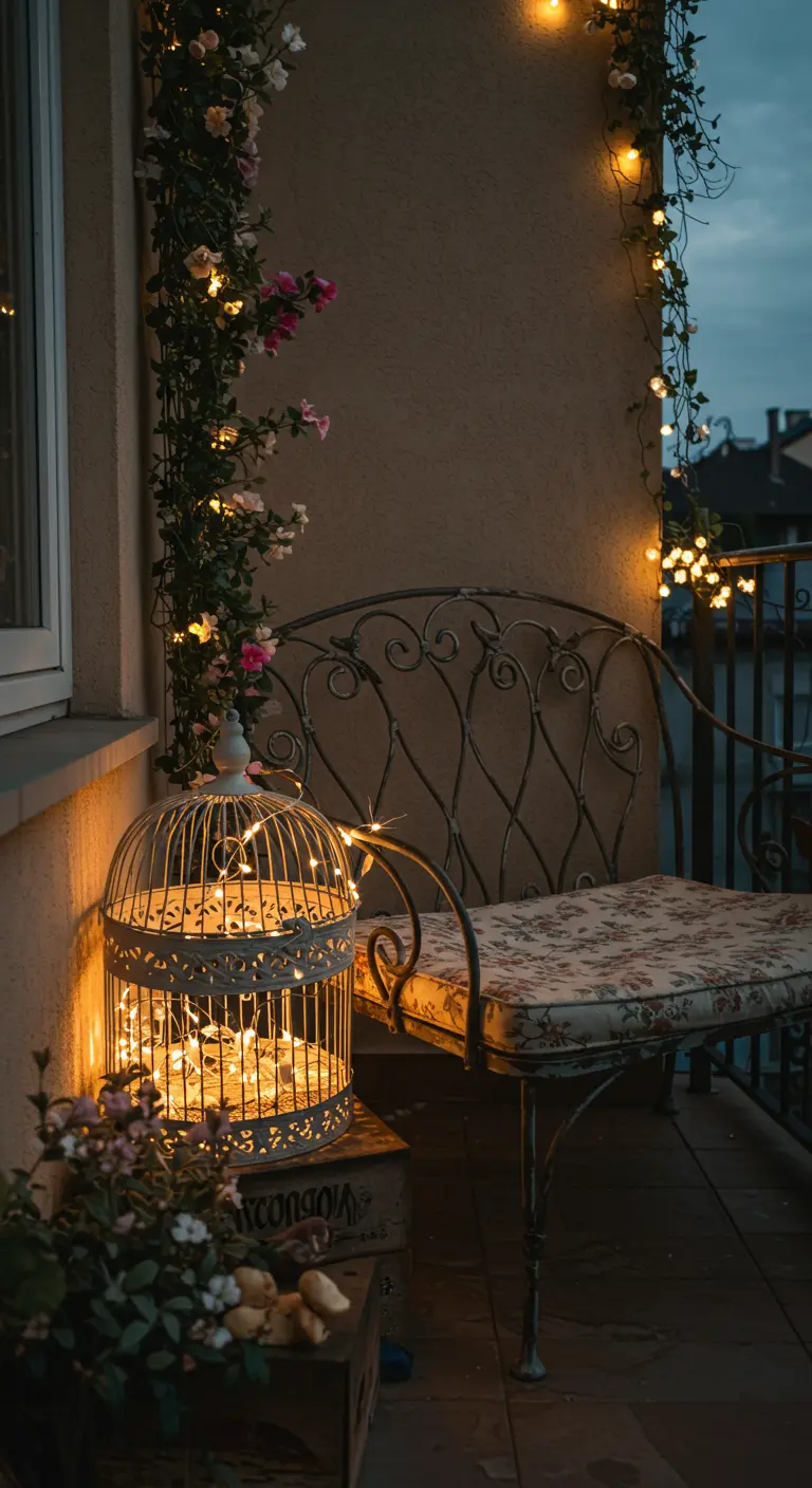 Jaula de pájaros vintage blanca llena de luces de hadas, junto a un banco de forja.