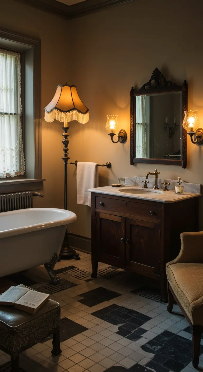 Baño de estilo vintage con una lámpara de pie con pantalla de tela, espejo ornamentado y mueble de madera.