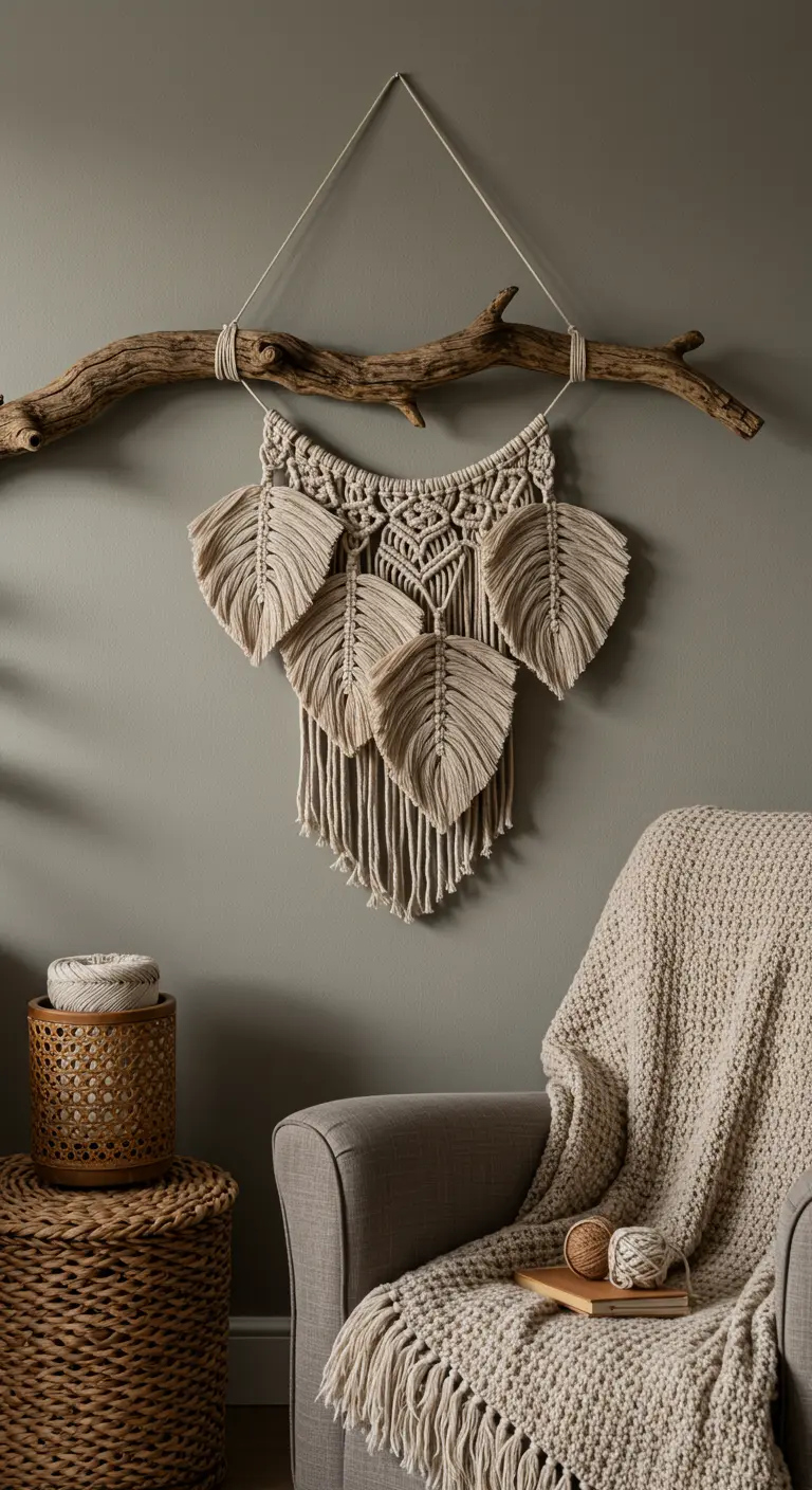 Tapiz de macramé con hojas grandes colgando de una rama de madera flotante muy texturizada