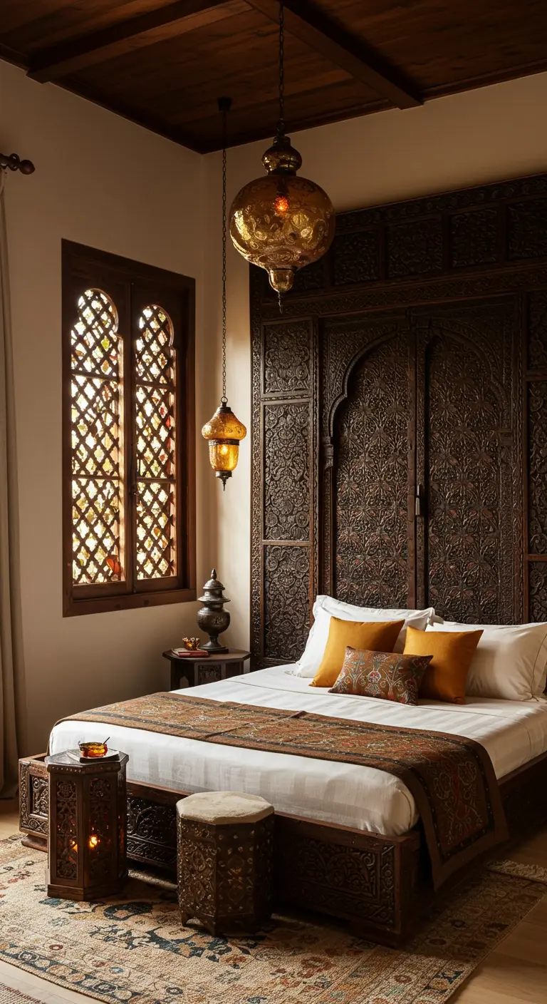 Dormitorio con paneles de pared y muebles de madera oscura intrincadamente tallada