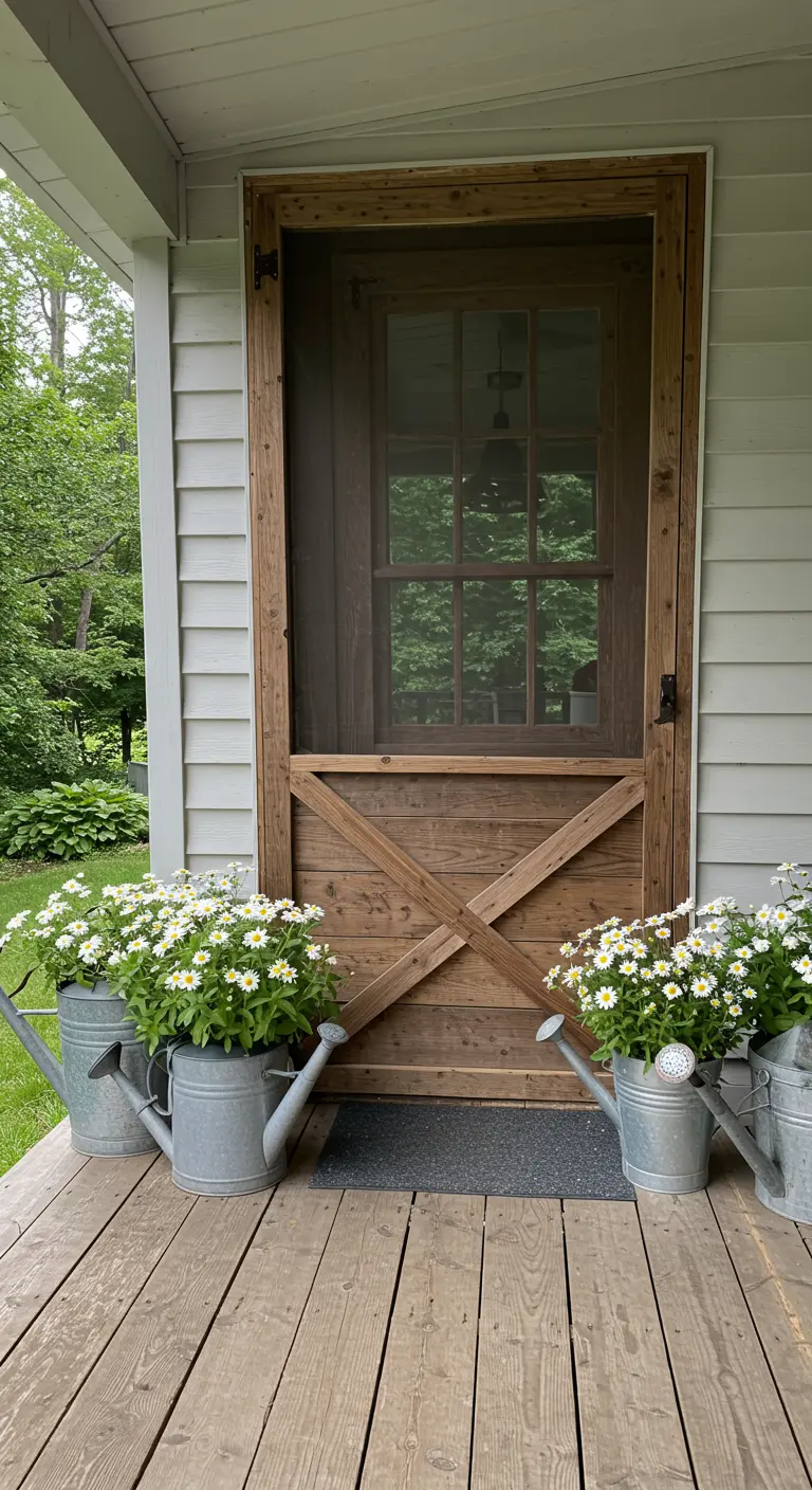 Puerta mosquitera de madera rústica y regaderas de zinc antiguas usadas como maceteros.