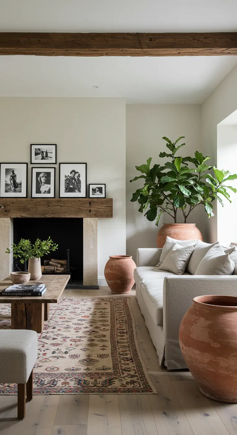 Sala de estar con chimenea, viga de madera, sofá blanco y grandes vasijas de terracota.