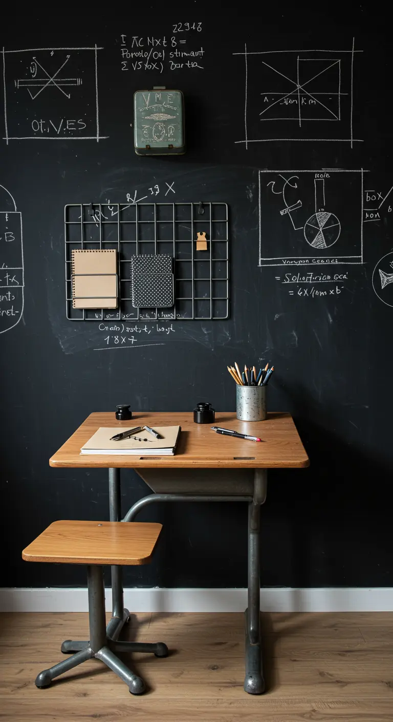 Estudio con pared de pizarra, un pupitre escolar antiguo y una rejilla metálica como organizador.