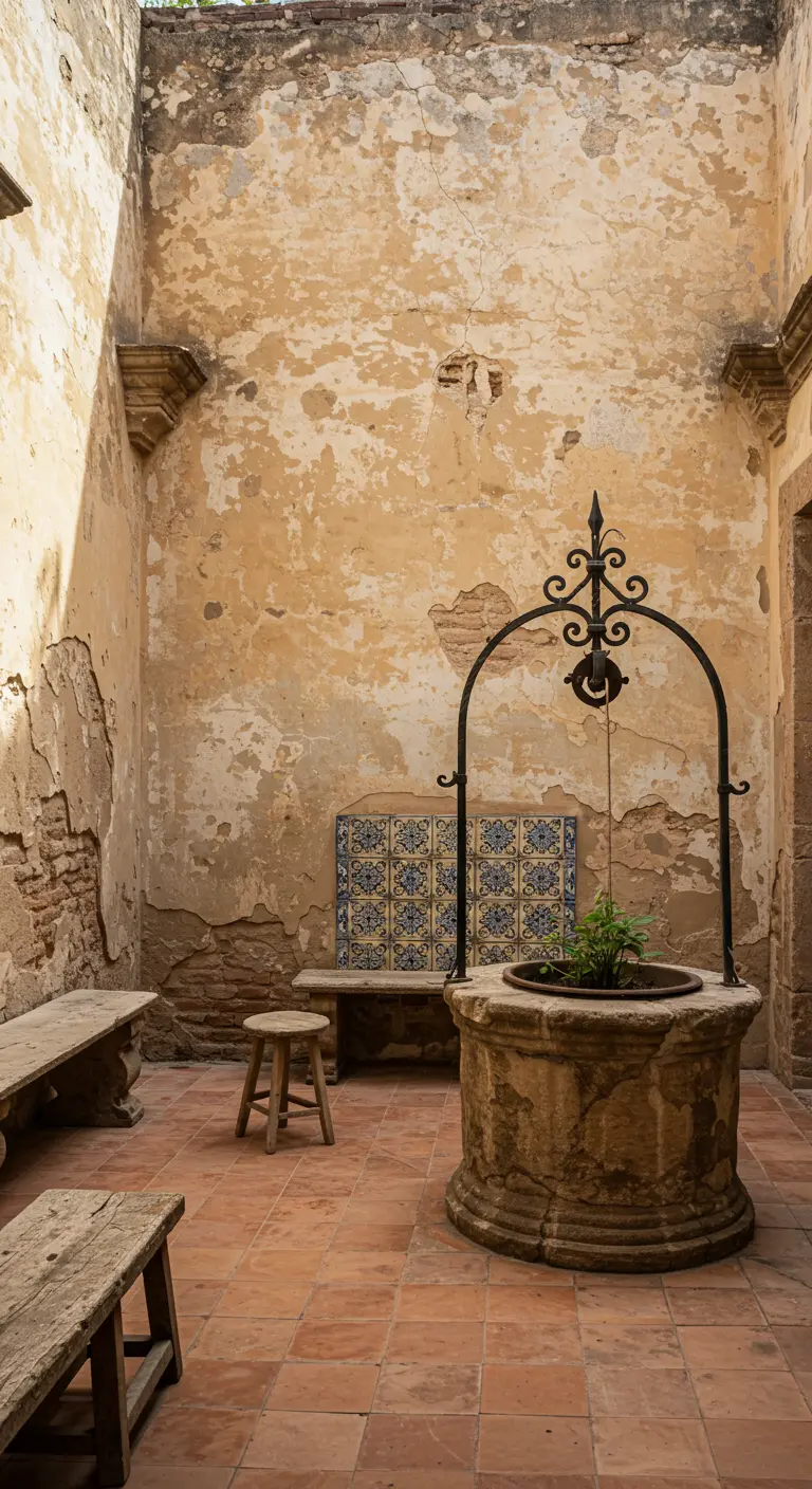Patio rústico con paredes desconchadas, un pozo de piedra antiguo y un acento de talavera.