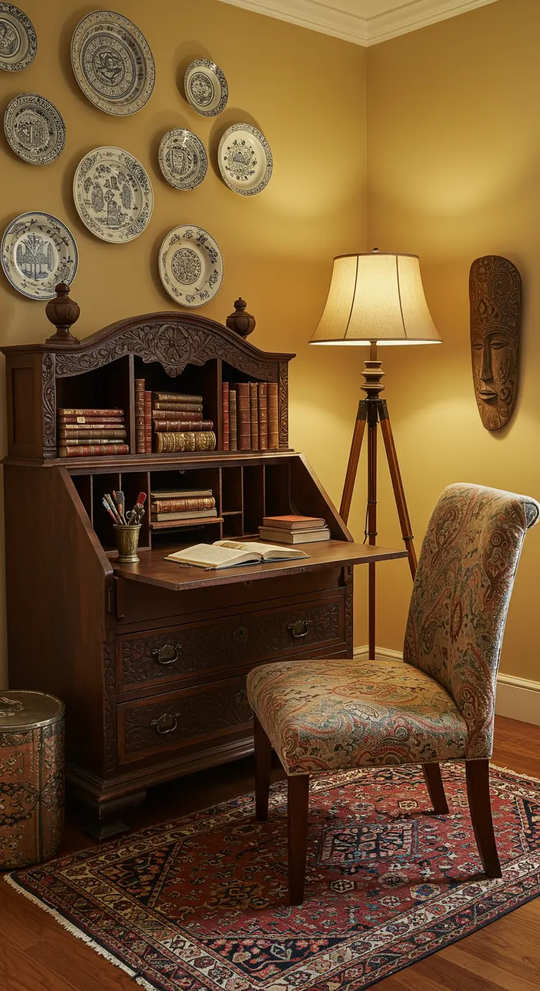 Rincón de estudio de estilo vintage con un escritorio secreter de madera y platos en la pared.