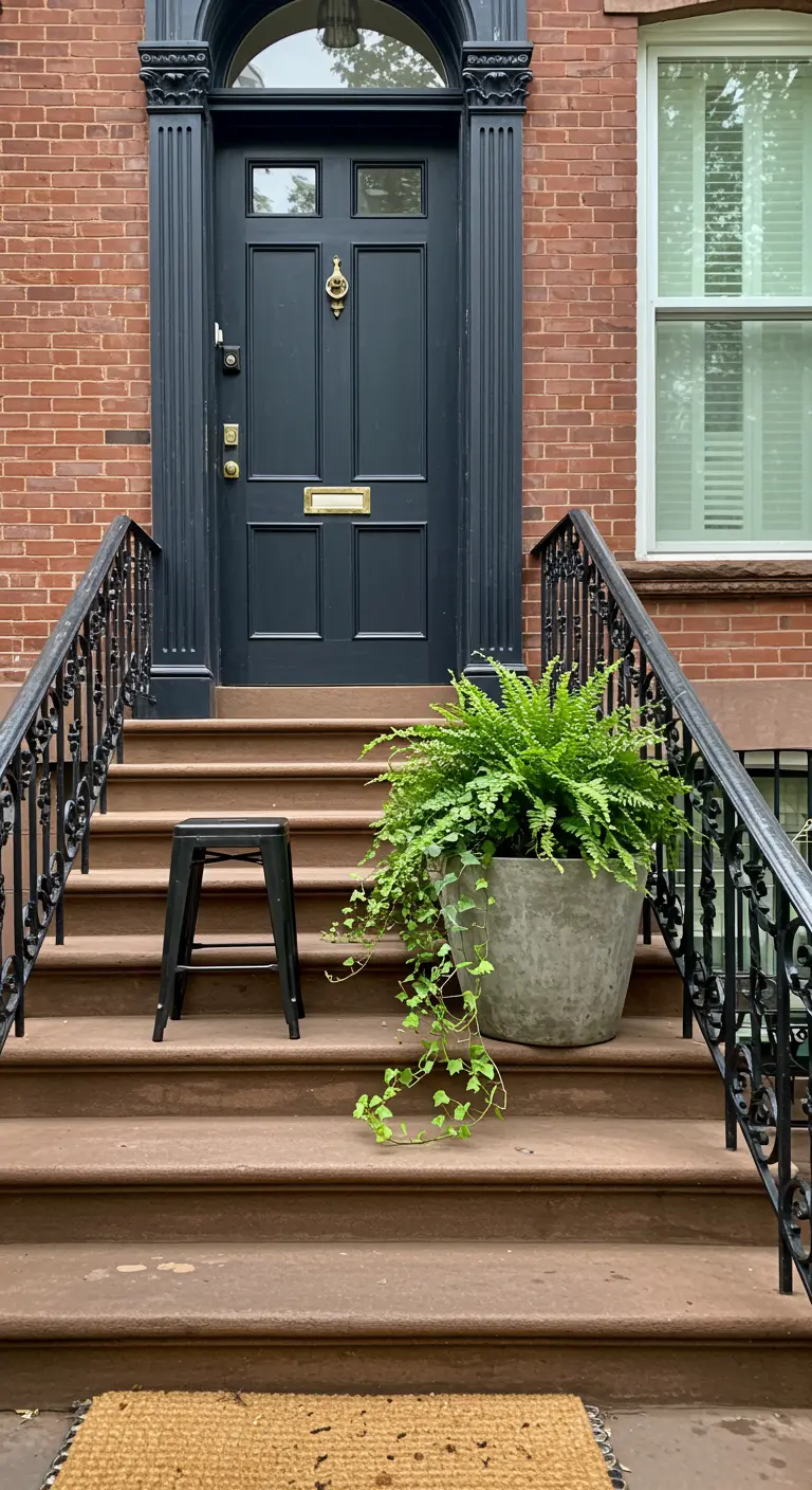 Escalera de entrada de una casa clásica con una gran maceta de helechos y un taburete negro.