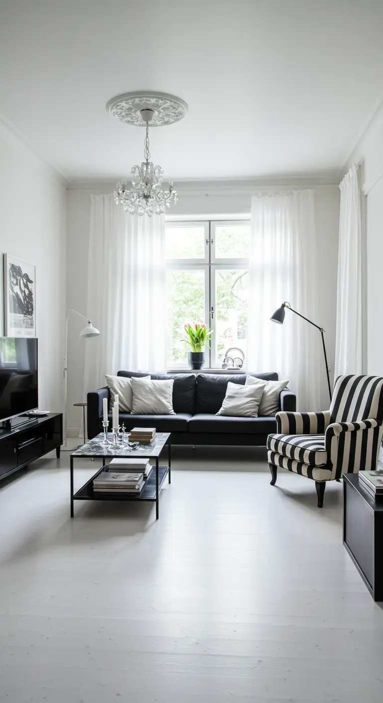 Sala ecléctica con sofá negro, butaca a rayas blancas y negras, y lámpara de araña.