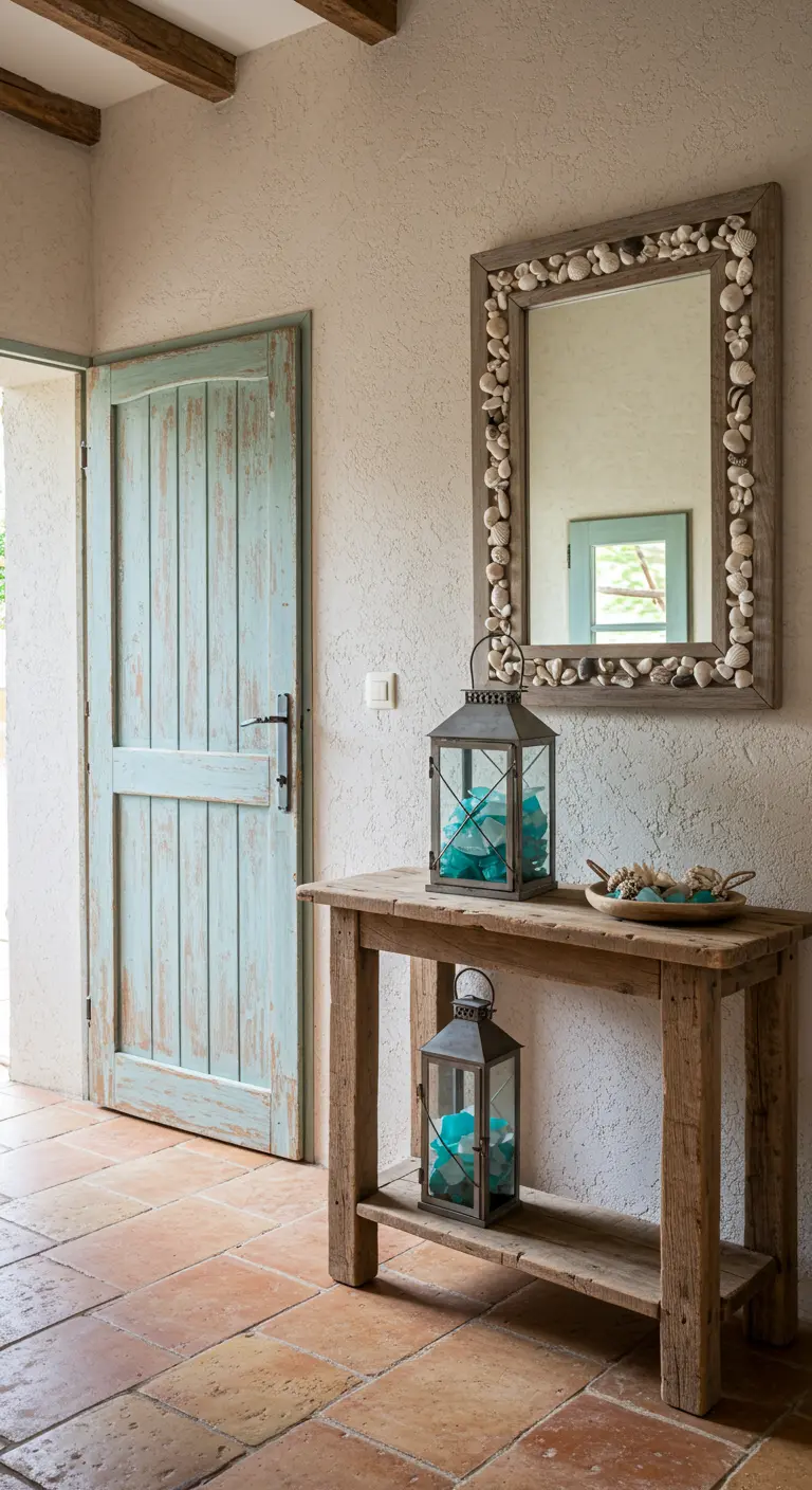 Recibidor rústico con puerta decapada en azul y espejo con marco de conchas.