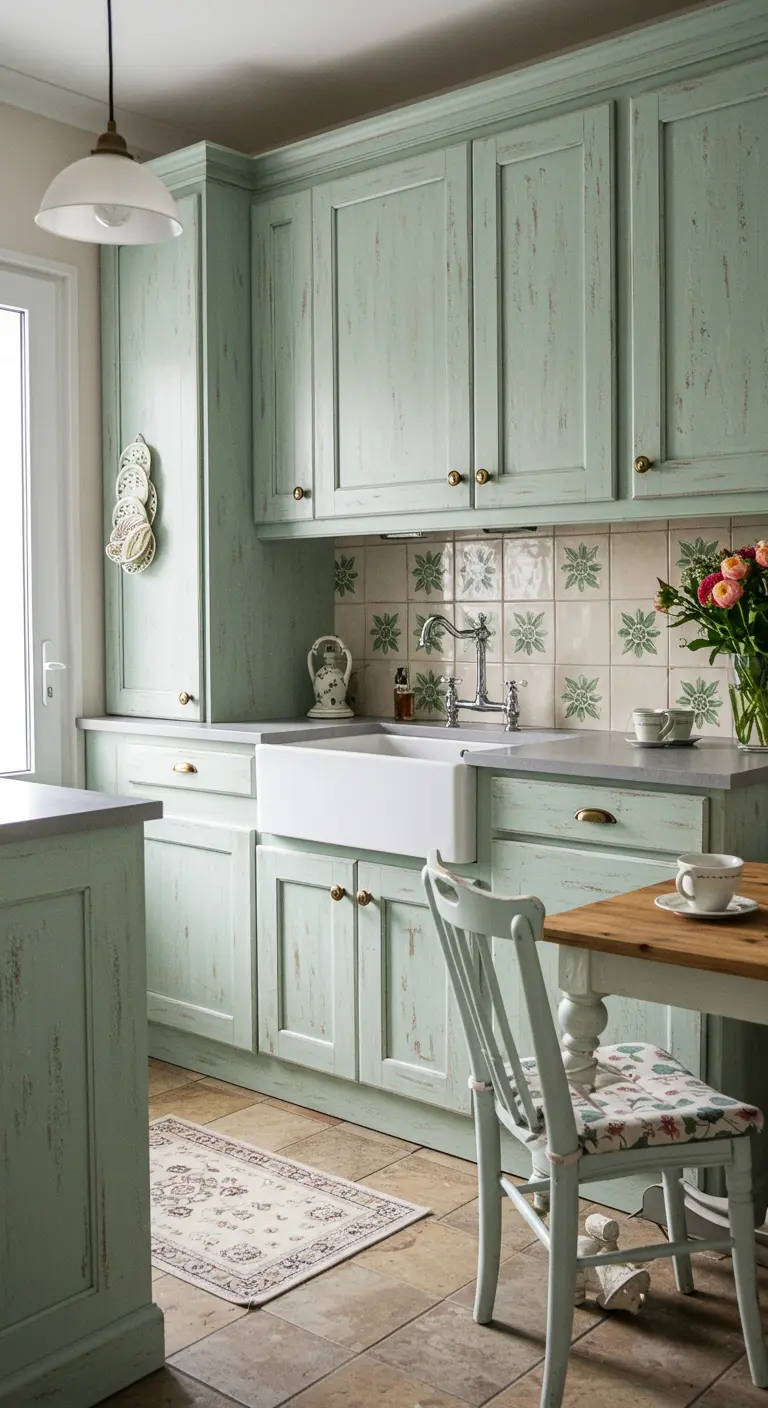 Muebles de cocina menta con acabado envejecido y azulejos con patrón floral.