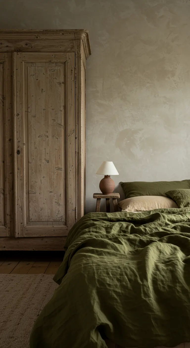 Dormitorio rústico-chic con armario de madera antigua y cama con sábanas de lino verde oliva