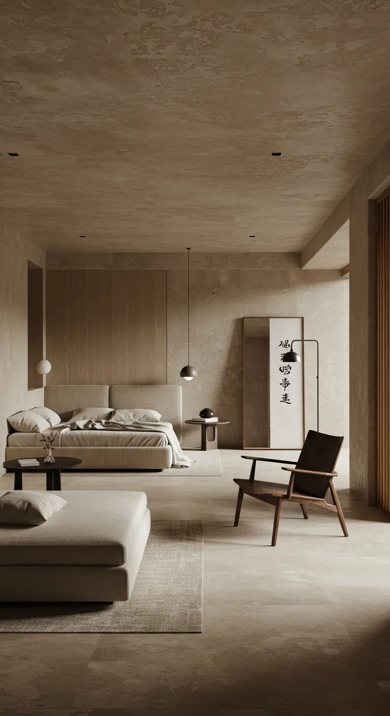 Dormitorio de estilo Wabi-Sabi con paredes texturizadas en tonos neutros y muebles bajos.
