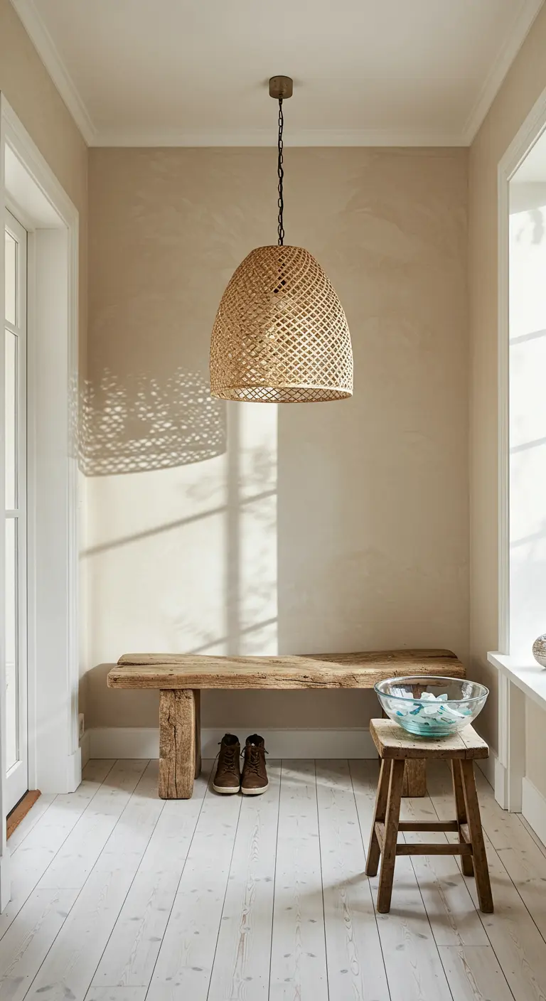 Recibidor con paredes color arena, banca de madera envejecida y lámpara de mimbre grande