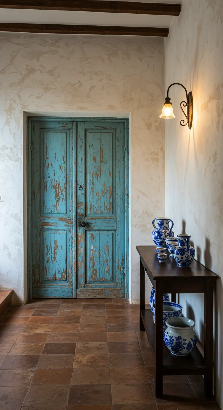 Puerta de madera antigua con pintura azul decapada junto a una consola con jarrones de cerámica.