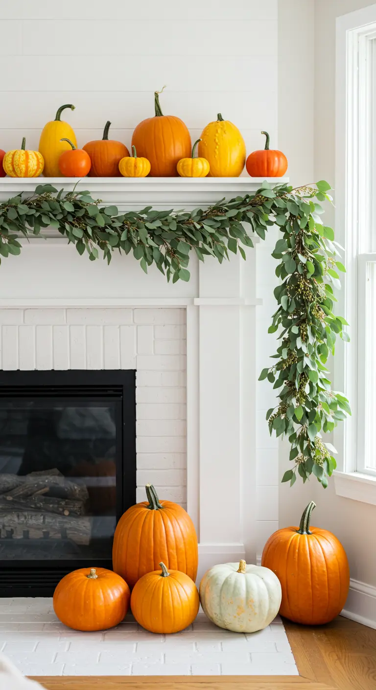 Chimenea de ladrillo blanco con una guirnalda de eucalipto asimétrica y un grupo de calabazas naturales.