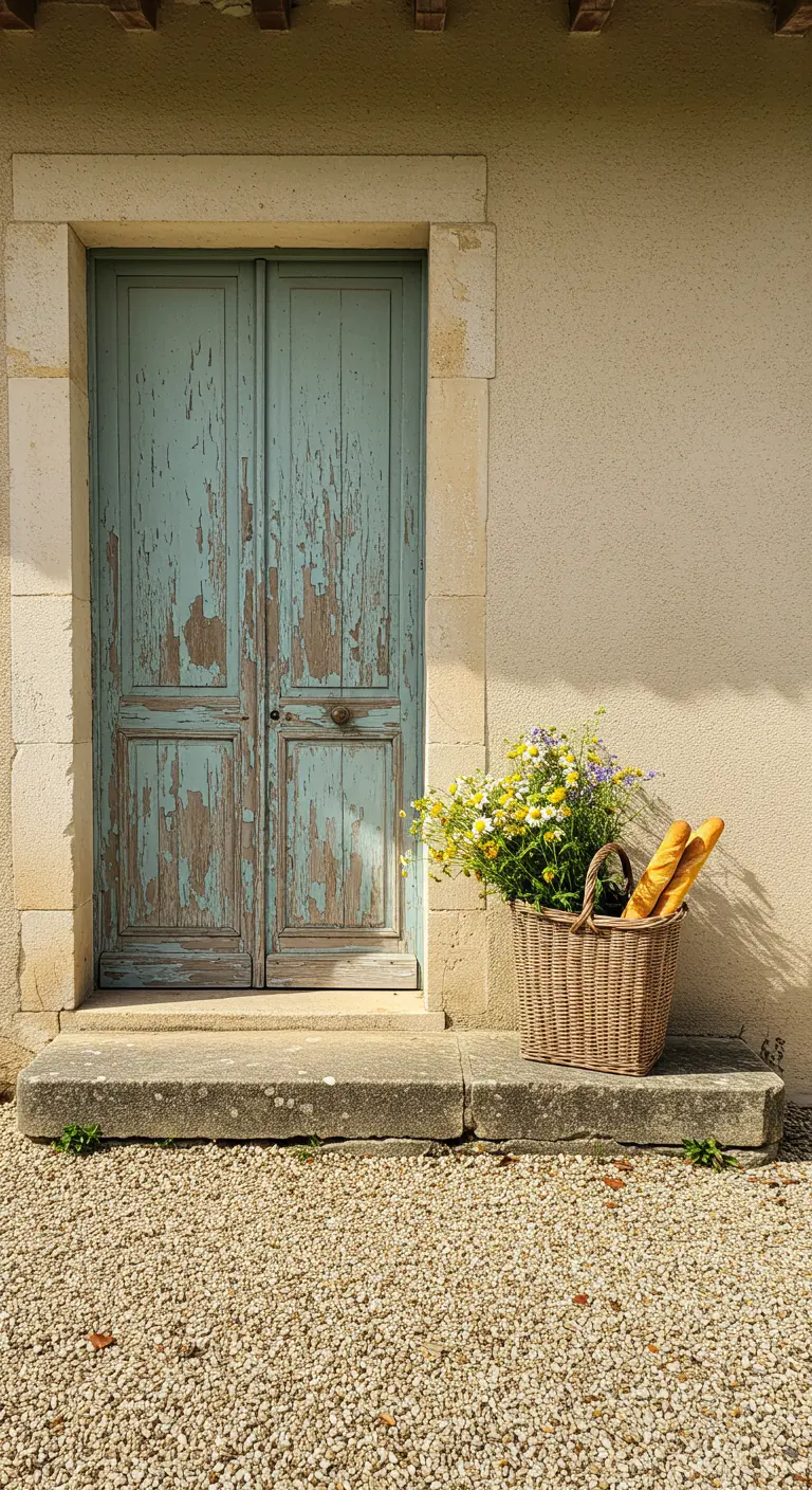Puerta de madera azul con pintura desgastada y una cesta de mimbre con flores y pan