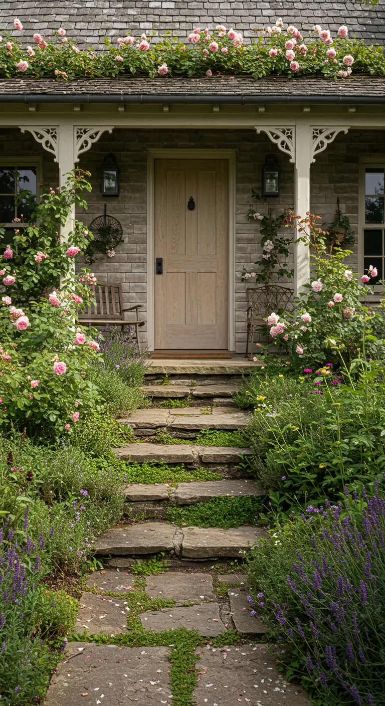Entrada rústica con escalones de piedra cubiertos de vegetación y rodeados de rosales y lavanda.
