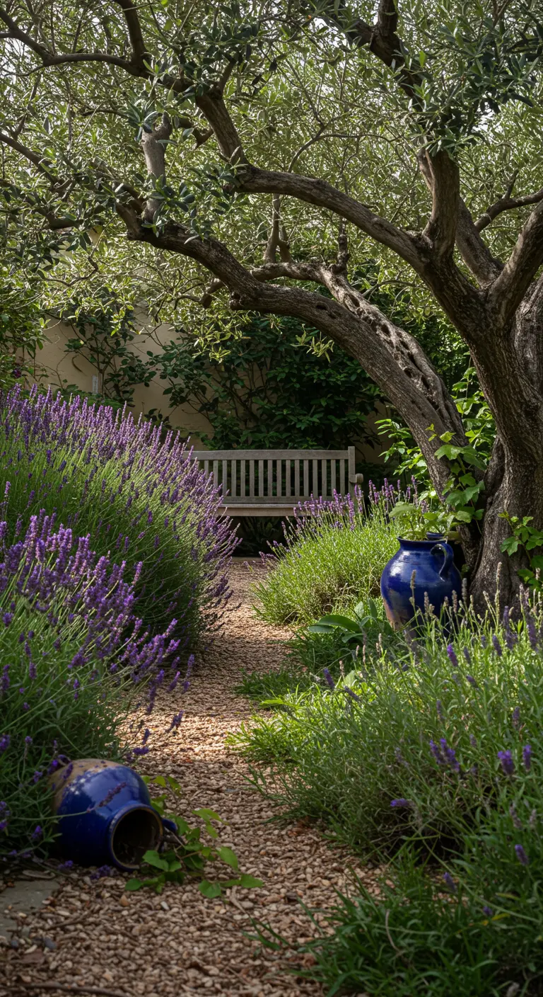 Sendero cubierto de lavanda que conduce a un banco de madera bajo la sombra de un olivo