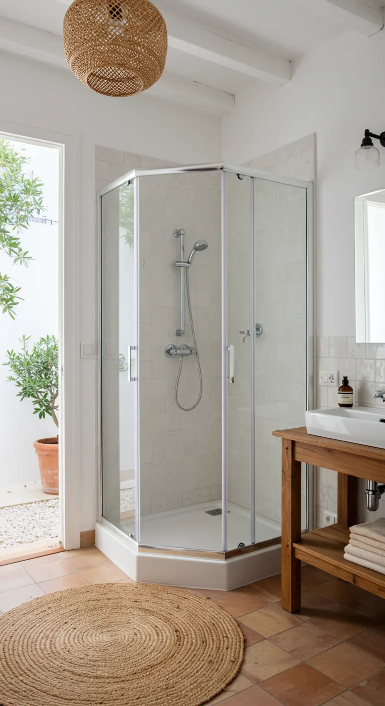 Baño con ducha esquinera, alfombra de yute, mueble de madera y acceso a un patio.