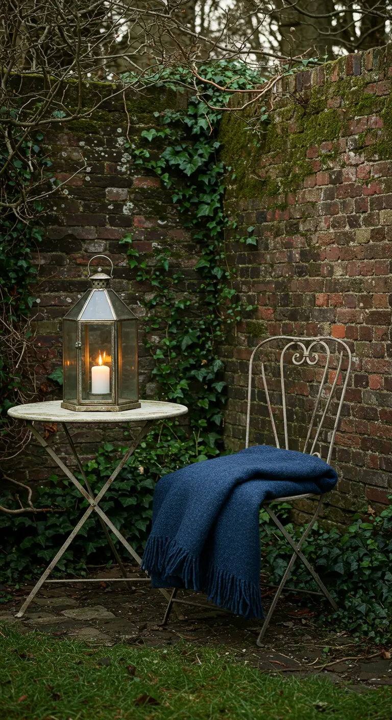 Rincón de jardín con pared de ladrillo, silla y mesa de metal, y un gran farol de cristal.