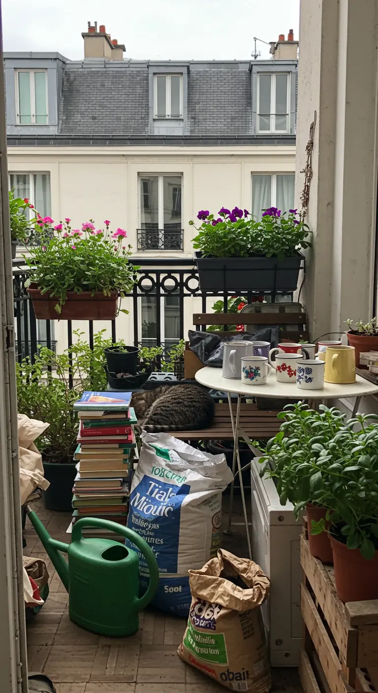 Balcón con aspecto vivido, con plantas, una pila de libros, herramientas de jardinería y un gato durmiendo.