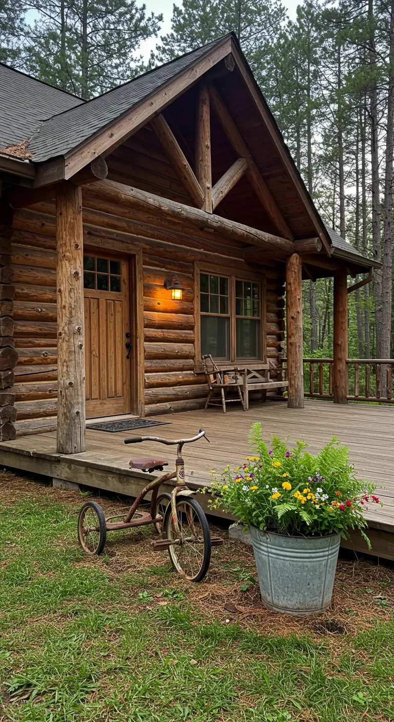 Triciclo antiguo oxidado junto a una maceta de metal con flores silvestres