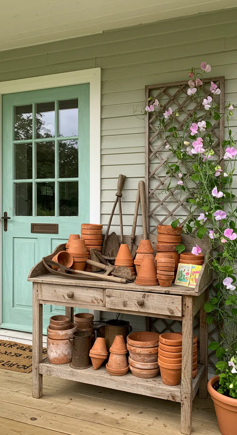 Banco de trabajo de jardinero de madera envejecida, lleno de macetas de terracota y herramientas.