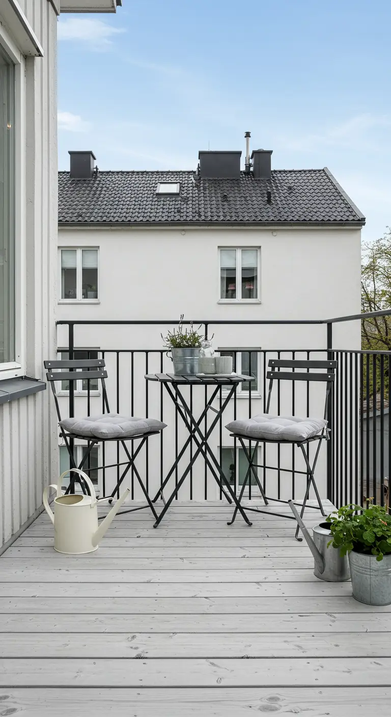Conjunto de bistró negro sobre un suelo de madera blanqueada, con regaderas de metal.