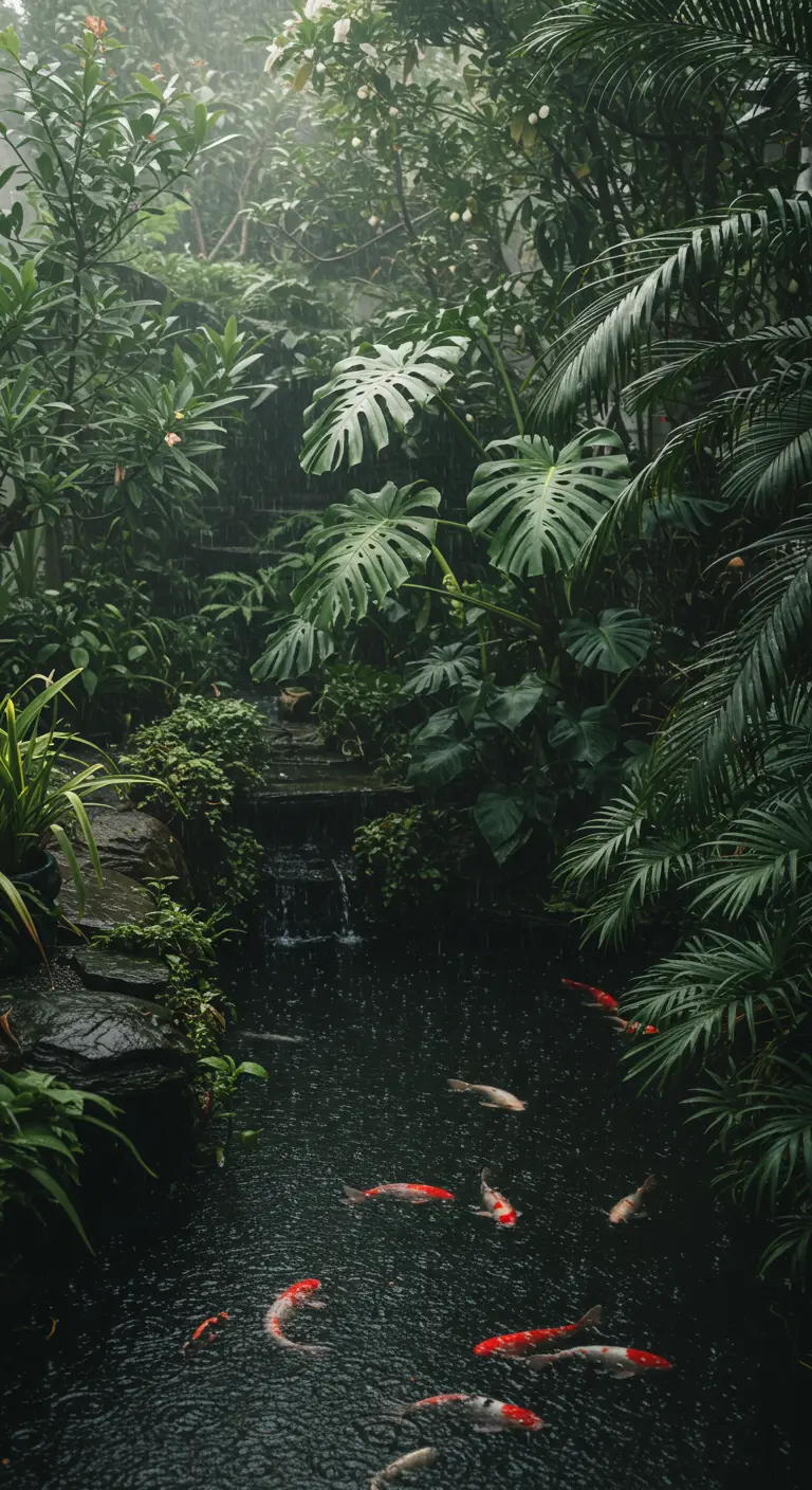 Estanque de peces koi en un jardín selvático y denso durante un día de lluvia.