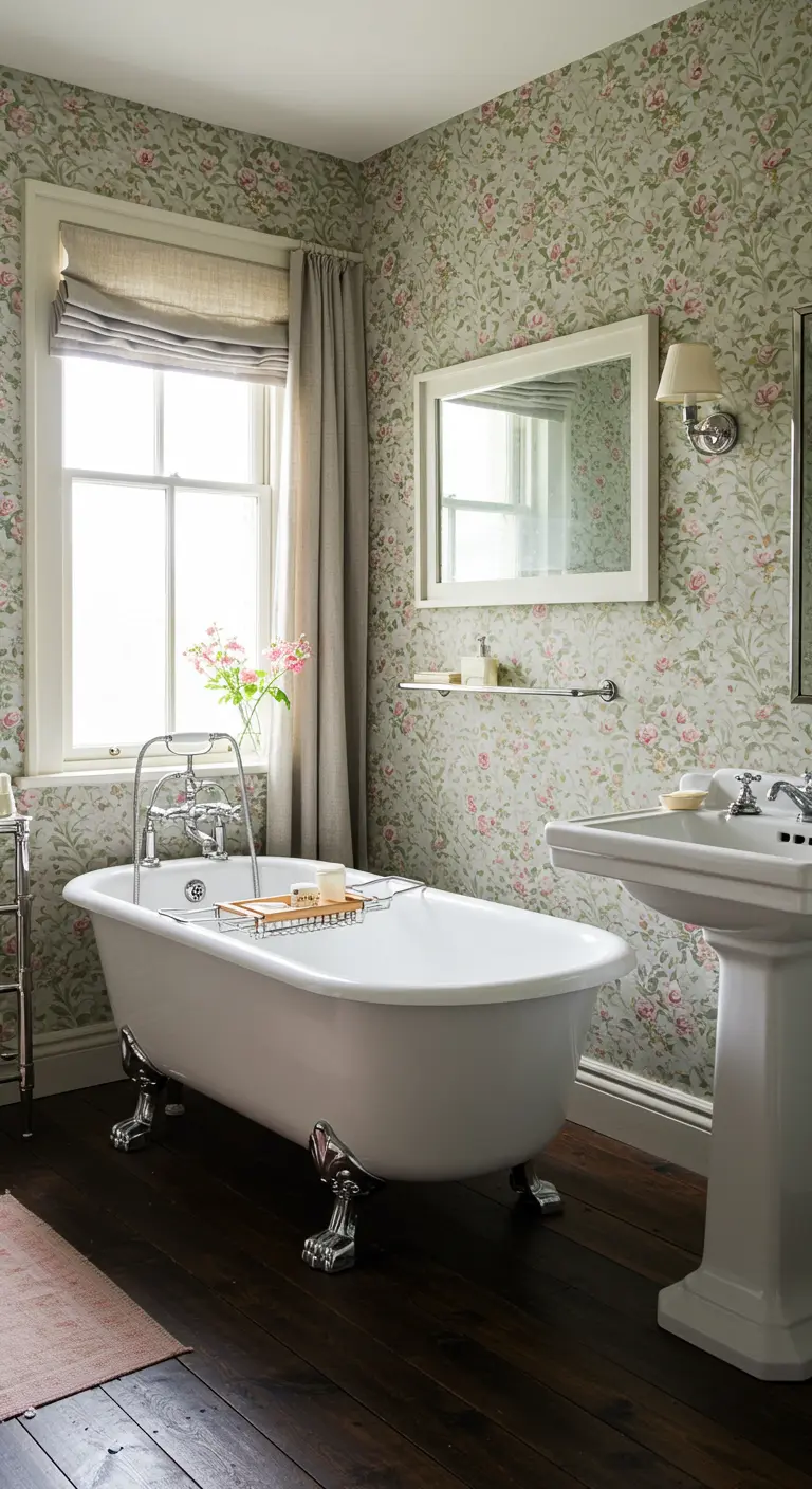 Baño de estilo campestre con papel tapiz de flores pequeñas, bañera con patas y suelo de madera.