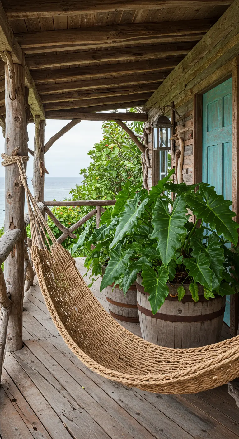 Porche rústico de madera con una hamaca de red y plantas en barriles, con vistas al mar.