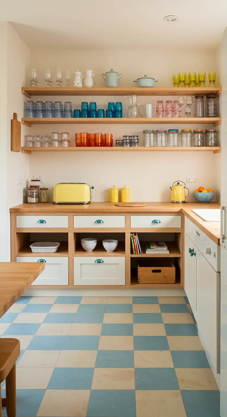 Despensa con suelo de damero azul y crema, estanterías de madera y vajilla de colores.