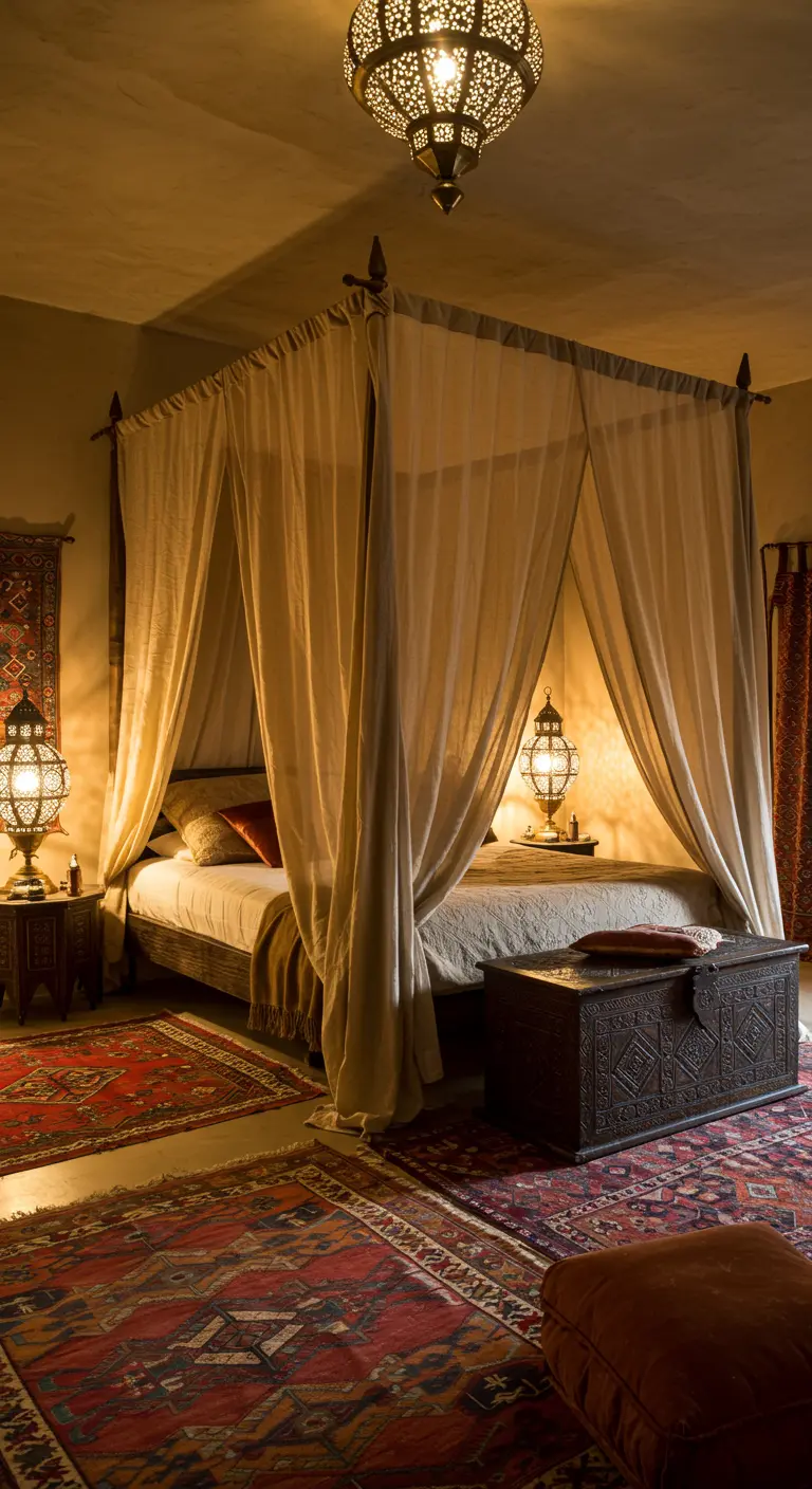 Dormitorio con cama con dosel de telas vaporosas y lámparas marroquíes colgantes
