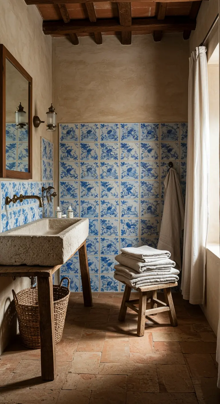 Baño rústico con pared de azulejos portugueses, lavabo de piedra y suelo de terracota