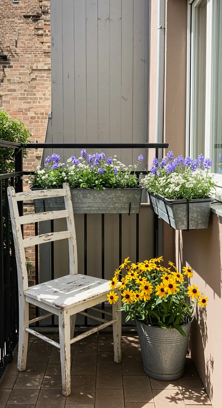 Silla de madera blanca decapada en un balcón junto a macetas de metal con flores amarillas y lilas.