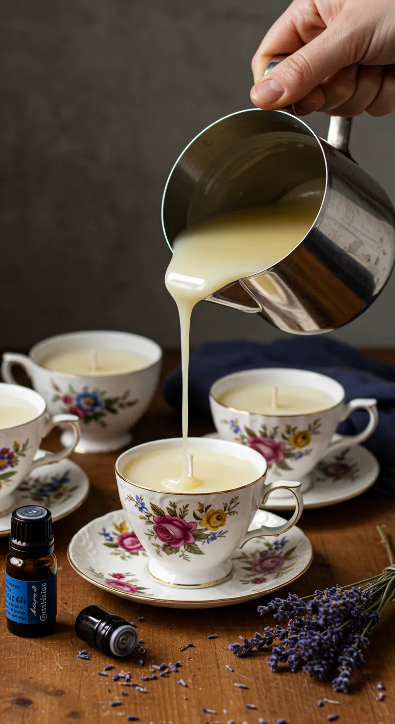 Cera líquida siendo vertida en una taza de té floral de estilo vintage para hacer una vela