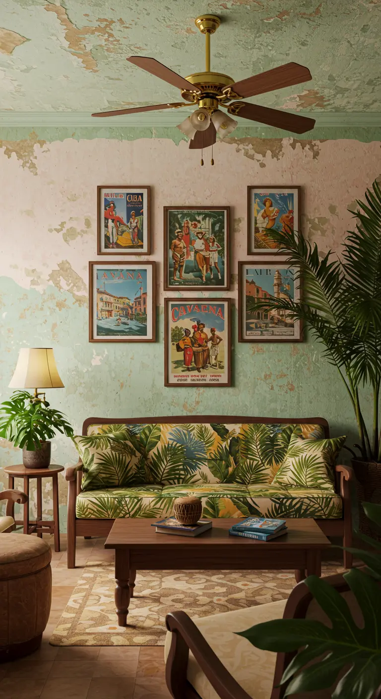 Sala de estar de estilo cubano con paredes desgastadas, carteles de viajes vintage y un sofá tropical.