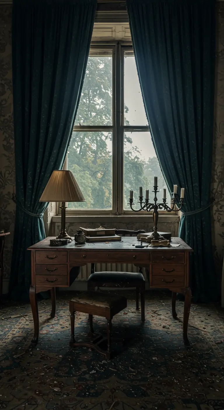 Escritorio antiguo en una habitación con papel pintado desgastado y cortinas de terciopelo.