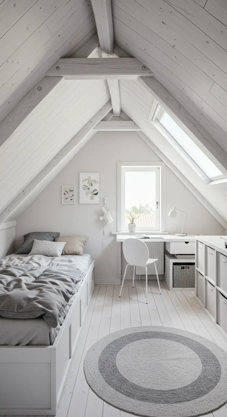 Ático convertido en dormitorio juvenil, con paredes, suelo y vigas en color blanco.