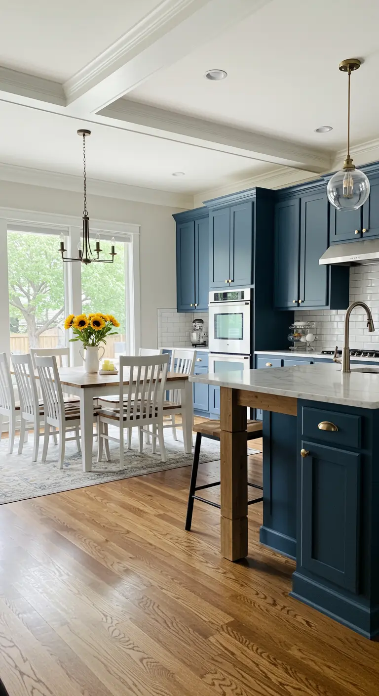 Cocina con gabinetes azul marino y comedor de madera blanca con girasoles.