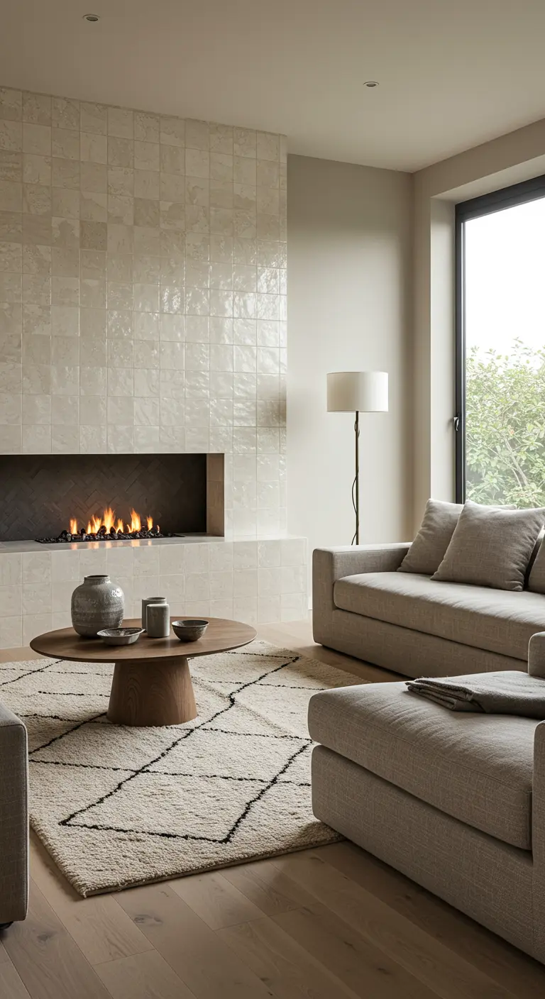 Salón con chimenea moderna revestida de azulejos Zellige en tonos crema y alfombra bereber