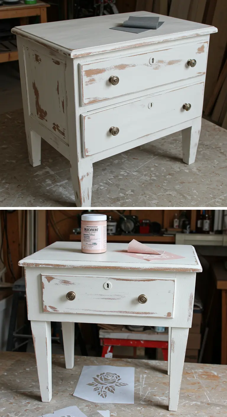 Mesita de noche blanca con acabado desgastado que revela la madera, antes y después del proceso