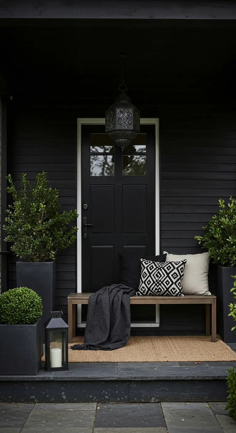Porche moderno y oscuro con paredes negras, un banco de madera y cojines con patrones geométricos.