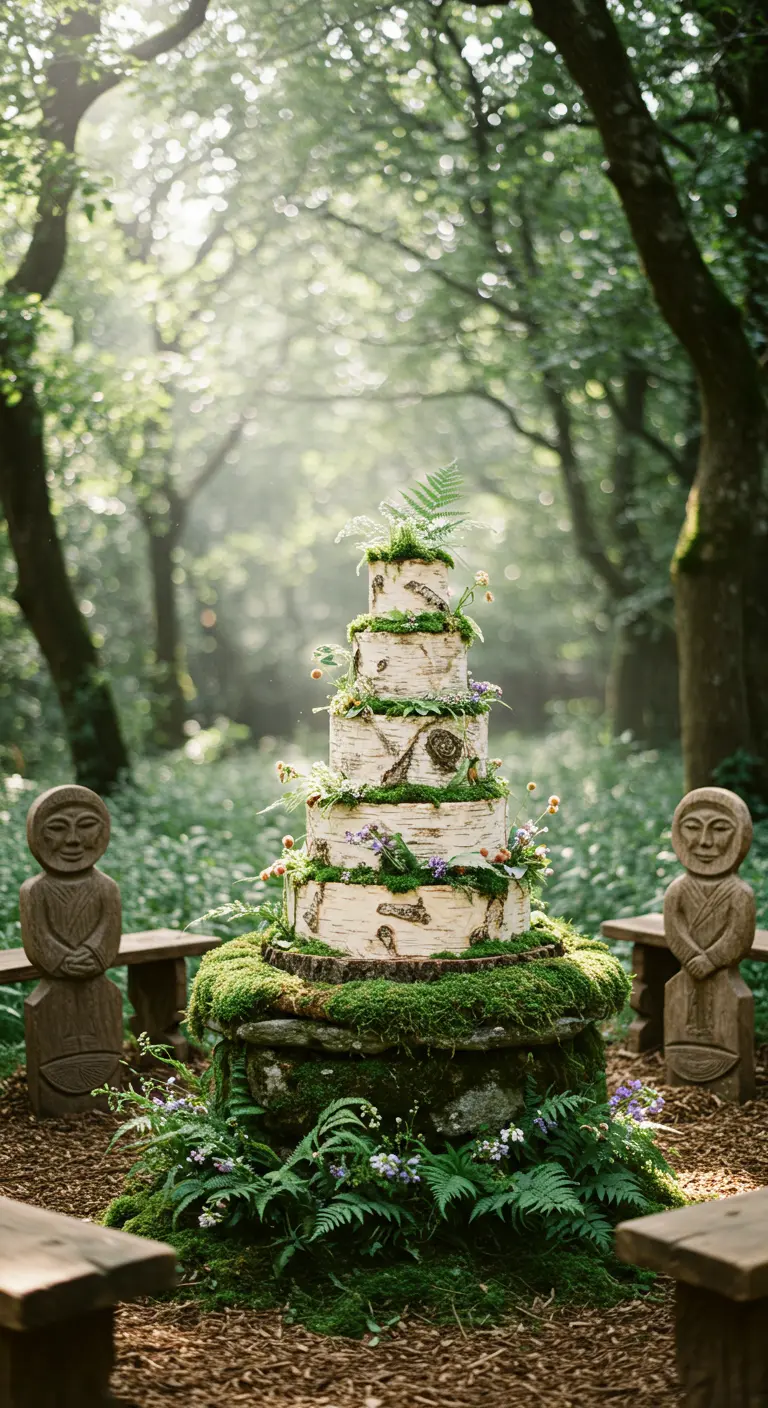 Pastel de bodas de varios pisos con textura de abedul, musgo y flores en un bosque.