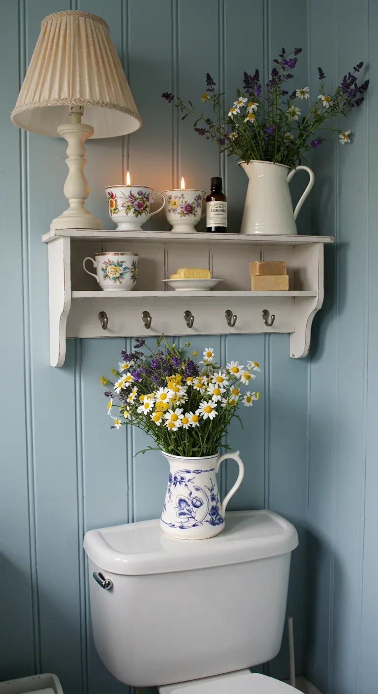 Repisa blanca con ganchos, velas en tazas de té vintage y jarras con flores silvestres.