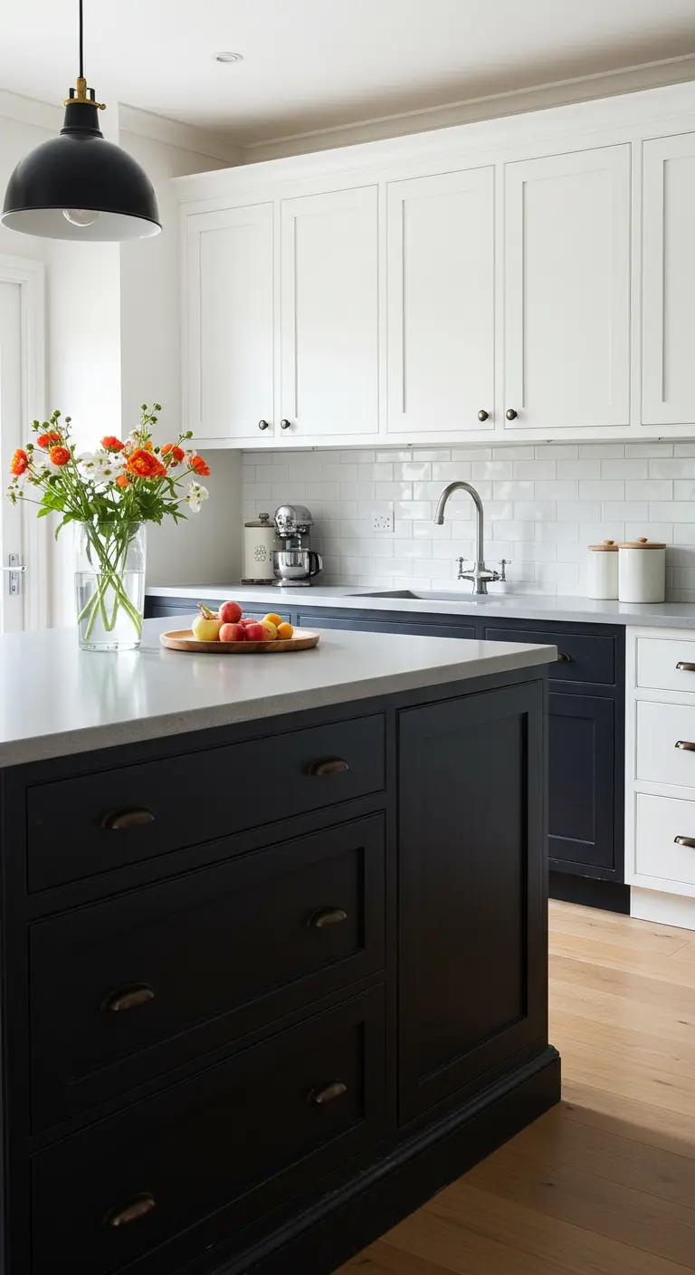 Cocina clásica con isla oscura, armarios blancos y tiradores de concha en bronce.