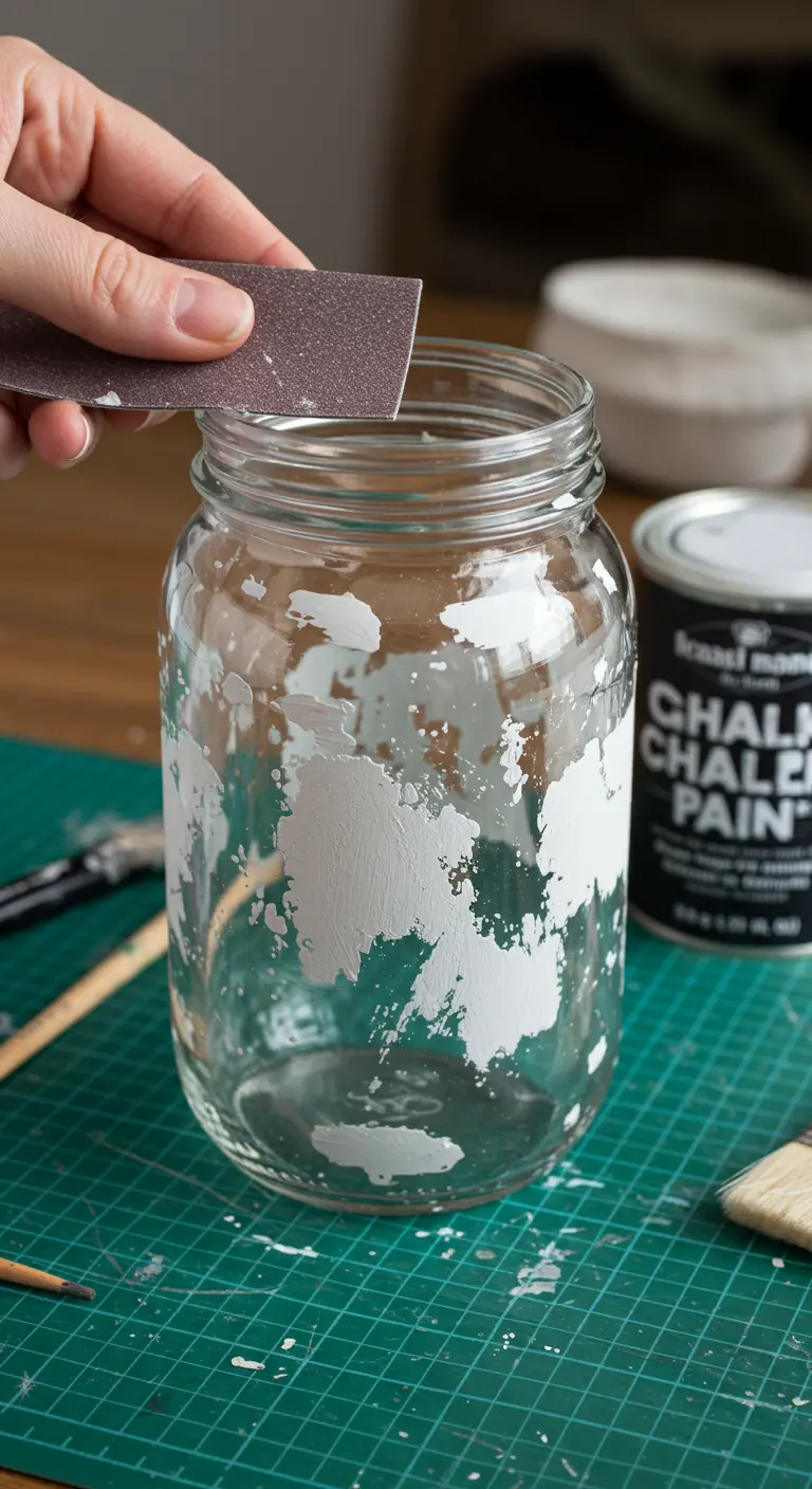 Una mano lijando un frasco de vidrio parcialmente pintado con pintura a la tiza blanca.