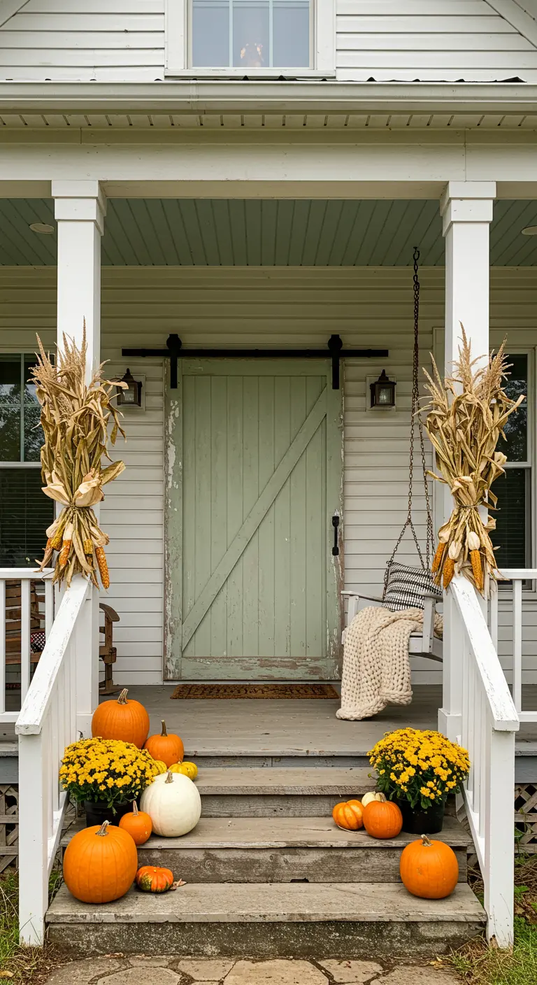 Porche blanco con una puerta de granero verde menta desgastada y decoración otoñal con calabazas.