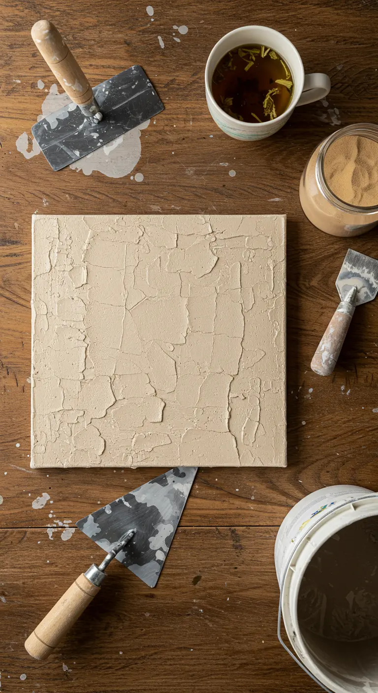 Lienzo cuadrado con una textura de yeso beige agrietado, rodeado de herramientas de albañil